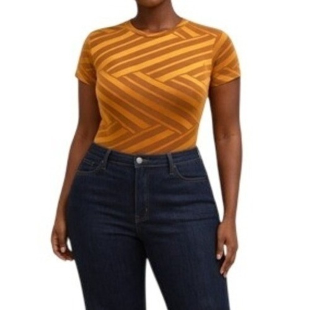 Akira Mustard Bronze‎ Geometric Stripe Mesh Short Sleeve Bodysuit Large